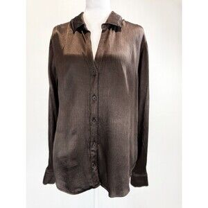 Cloth & Stone Brown Crinkle Satin Button Front Blouse Large